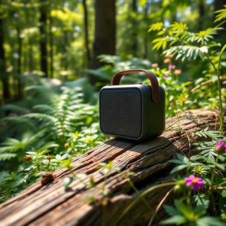 Black speaker in the forest. The concept of technology and nature.の素材