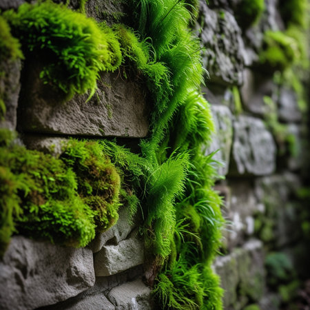 Green moss growing on stone wall. Selective focus. Shallow depth of field.の素材
