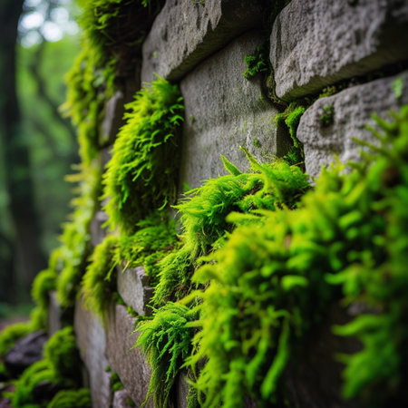 Green moss on stone wall in the forest. Selective focus.の素材