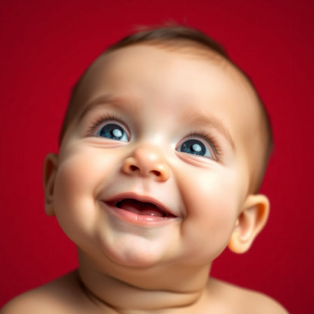 Portrait of a smiling baby on a red background. Close-up.の素材