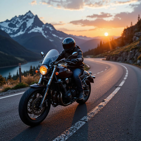 Motorcycle rider on the road in the mountains at sunset time.の素材