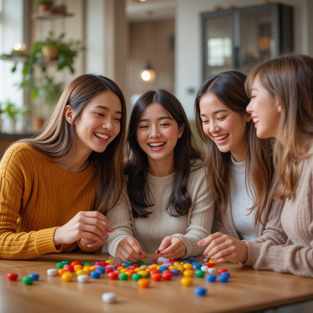 group of asian young women playing with colorful marbles at homeの素材