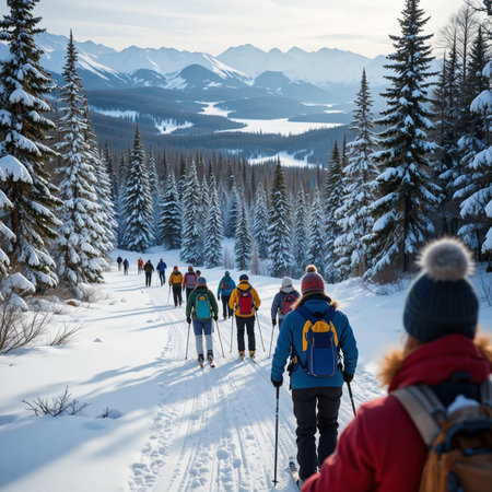 Group of people hiking in winter mountains. Travel and adventure concept.の素材