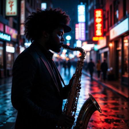 African american jazz musician playing the saxophone in the city at nightの素材