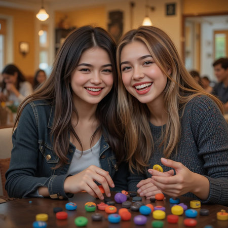 Two young girls playing dominoes in a cafe. Friends having fun together.の素材