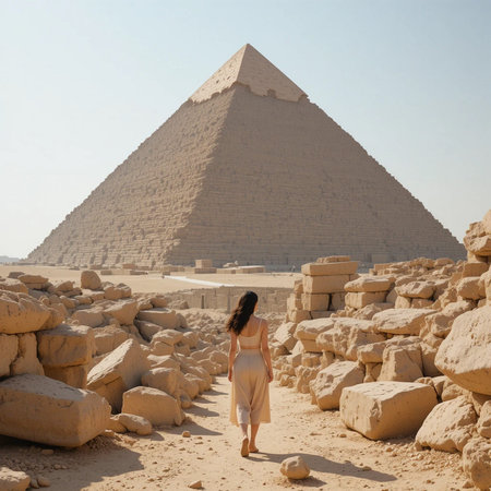 Young woman in a white dress and pyramids of Giza in Egyptの素材