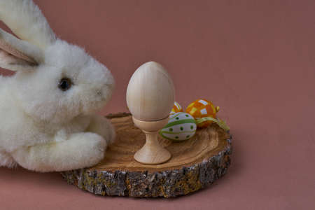 Little white rabbit in the surround with different color of ester eggs.の写真素材