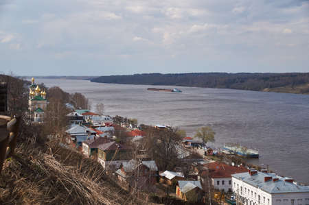 Panorama of the ancient Russian city of ples in the rays of the setting sun Russiaの写真素材