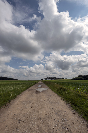 field path with ripples after rain between green fields and flying clouds above itの写真素材