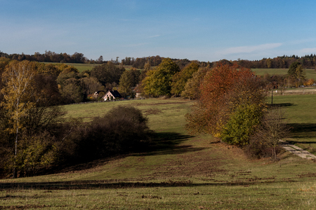 farmland and pastures lined with trees with colorful foliage in autumnの写真素材