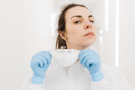 A beautiful doctor girl takes off her protective mask during an epidemic covid in the white corridor...