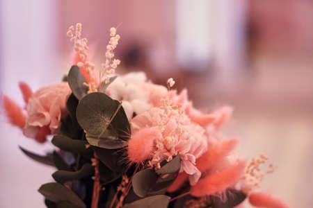 Pink bridal bouquet. Peonies, cotton, composition of flowers.の写真素材