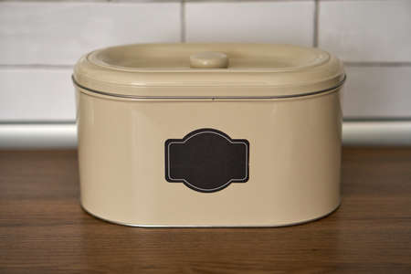 Boxes with stickers in kitchen. BERALIH A set of cans. Food containers. Orderの写真素材