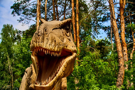 Tirex tyrannosaurus rex dinosaur eye. Large head of a lizard. Robotic model in the park.