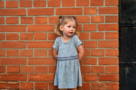 Little beautiful girl in a gray dress on a background of an orange brick wall. Space for text and...