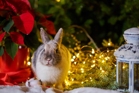 Rabbit for christmas. New Years bunny in lights garlands by tree and poinsettia