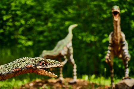 A dinosaur in Jurassic Park lives among the trees. Construction and model of dinosaurs in the forest. Live wild lizards hunt and survive. Battle and food scene in dino park.の写真素材