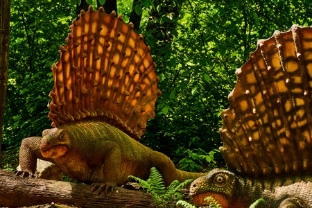 Edaphosaurus with a sail on its back. A Jurassic raptor crawls in the park in the summer among the...