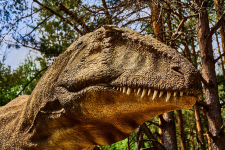 Close-up of a muzzle with a horn on the nose Huge dinosaur in the summer park. The face of a...