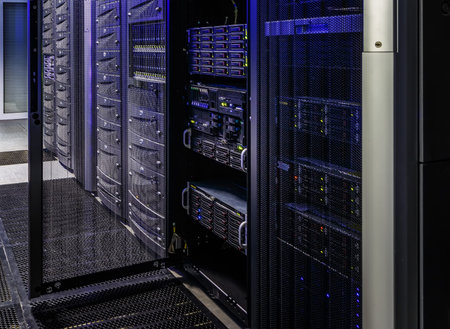 room with rows of server hardware in the data centerの写真素材