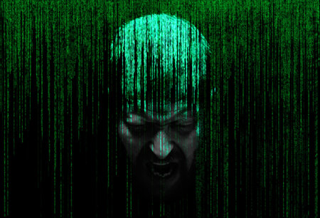 abstract man's face with eyes closed, immersed in a matrix of binary code