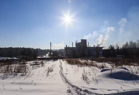 view of the factory with smoke from the pipe edge of the forest winter sunの写真素材