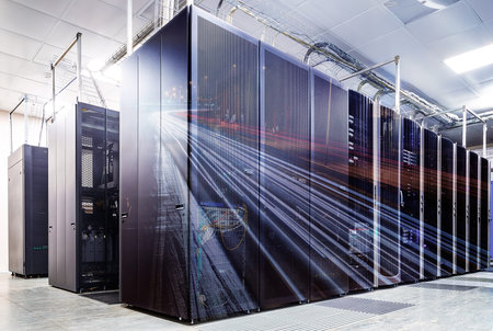 abstract double exposure mainframe room with road traffic