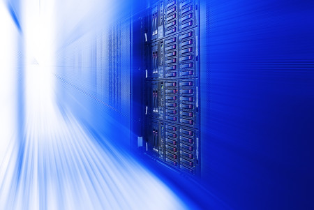 blade server server equipment rack data center closeup blur blue toningの写真素材