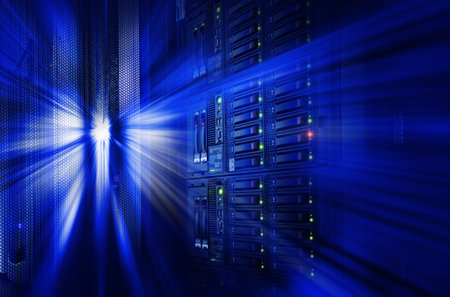 modern mainframe disk storage in data center motion blur