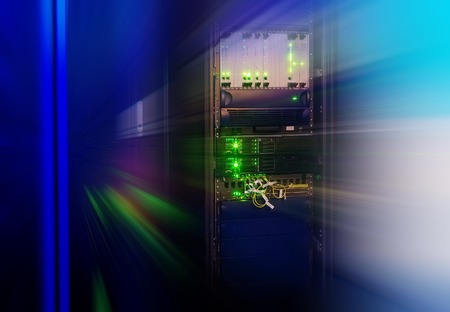 rack with telecommunications network equipment in  data center with blurの写真素材