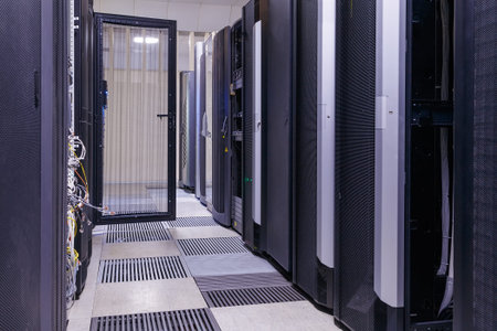 inside server room with rows of modern mainframes
