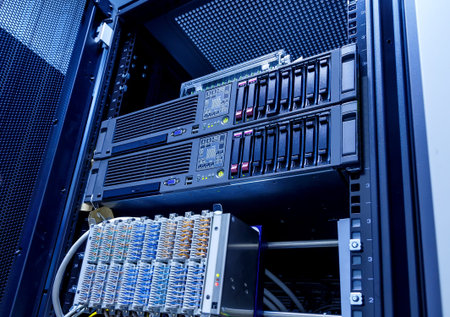 modern blade server server equipment rack data center closeup