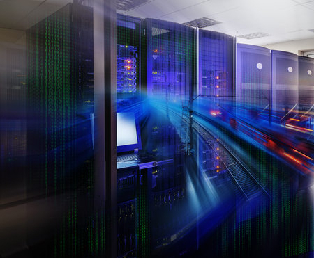 futuristic supercomputer cluster in data center with the railway lines and binary code