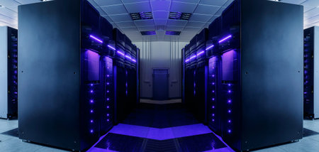 symmetrical data center room with futuristic beams and rows equipment