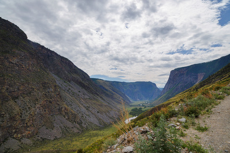 Chulyshman mountain valley from height of Summer Rain River Fallsの写真素材