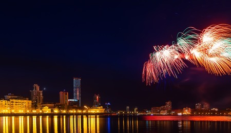 salute in honor of feast day of Yekaterinburg on May 9 victory. city pond night May 9, 2016の写真素材