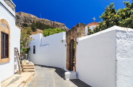 Entrance to beautiful house in Lindos, Rhodesの写真素材