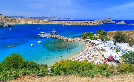 View from above of the main beach in Lindosの写真素材