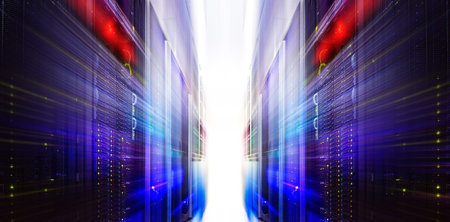 futuristic server blur motion room with modern communication and server equipment