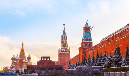 Kremlin wall Spasskaya Tower Mausoleum Red Square winterの写真素材