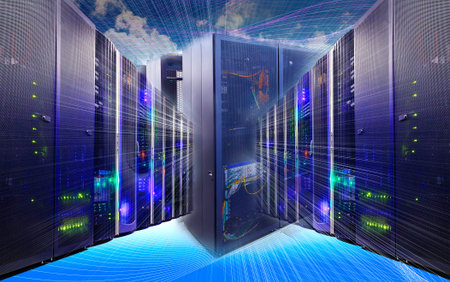 information technology collage of data center with racks equipment