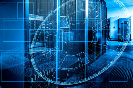 futuristic tech scheme on background of fantastic symmetric number mainframes