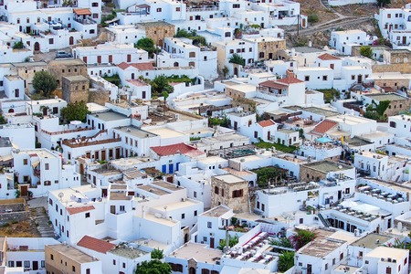 Lindos view from the top of the white houses, Greece, the island of Rhodes,の写真素材