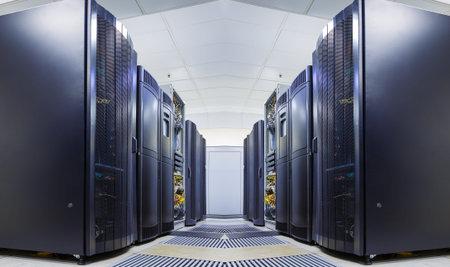 symmetrical data center room with rows of equipment