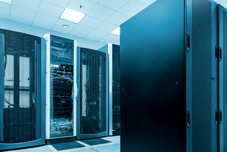Modern network and telecommunication technology computer concept: server room in datacenterの写真素材