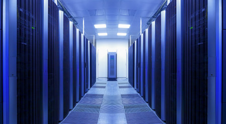 A clean and consistent row of server racks in datacenter.