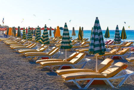 view of beach with chairs and umbrellas. Greece.の写真素材