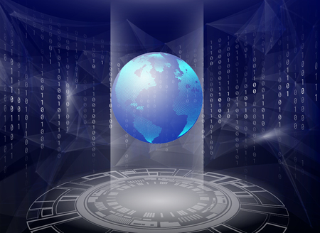 Holographic 3d planet earth against blue abstract background with circles, triangles and binary codeのイラスト素材