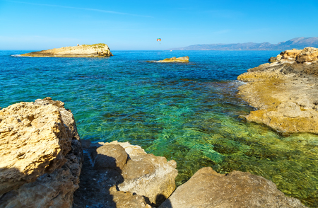 Rocks on the coast of Cretan Sea near Hersonissos, Crete, Greece.の写真素材