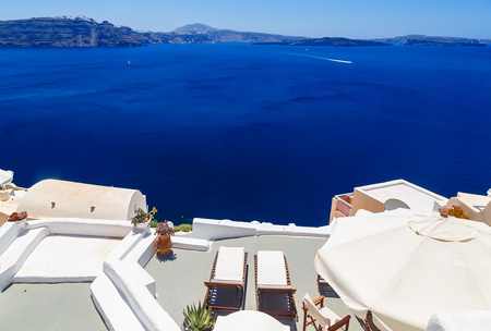 Santorini volcanic caldera as seen from Fira, capital of Santorini, Greeceの写真素材